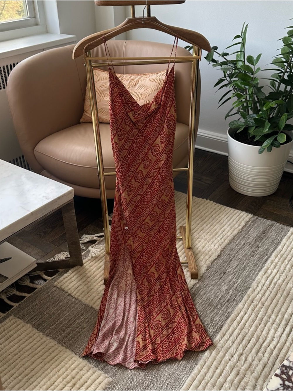Red Patterned Slip Dress with slit